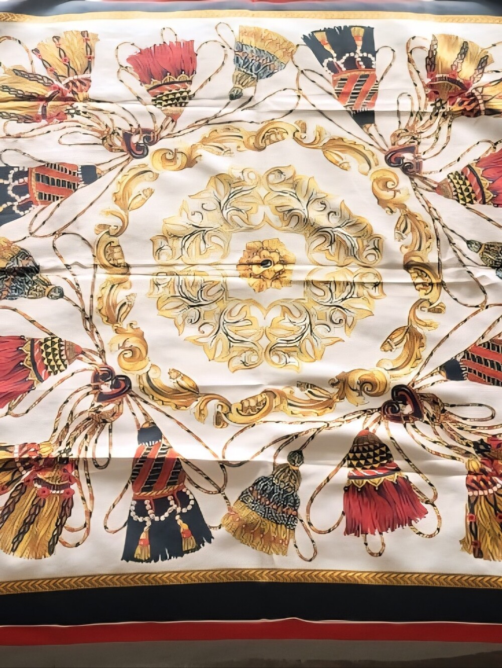 Vintage Silk Bershire Tassel Medallion Large Square Scarf